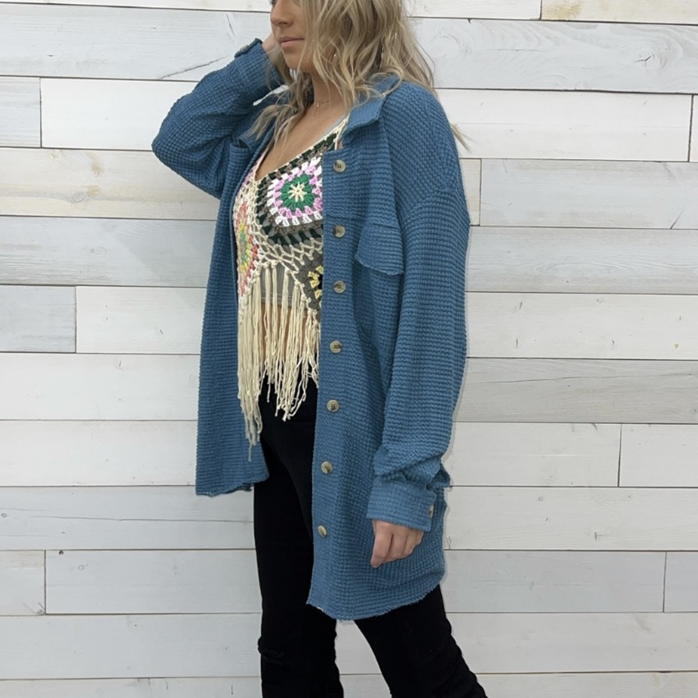 Waffle Knit Button-Up Oversized Shacket Lightweight Layering Jacket